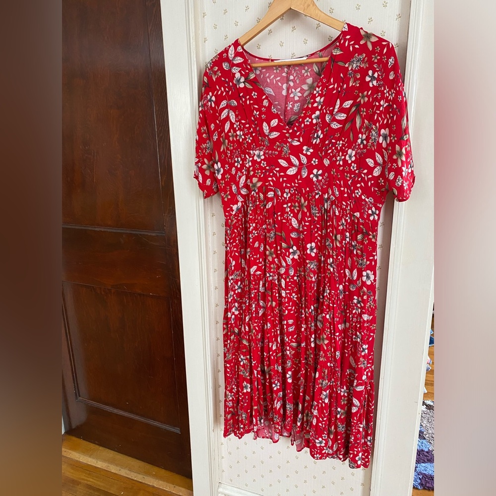 Red floral midi dress